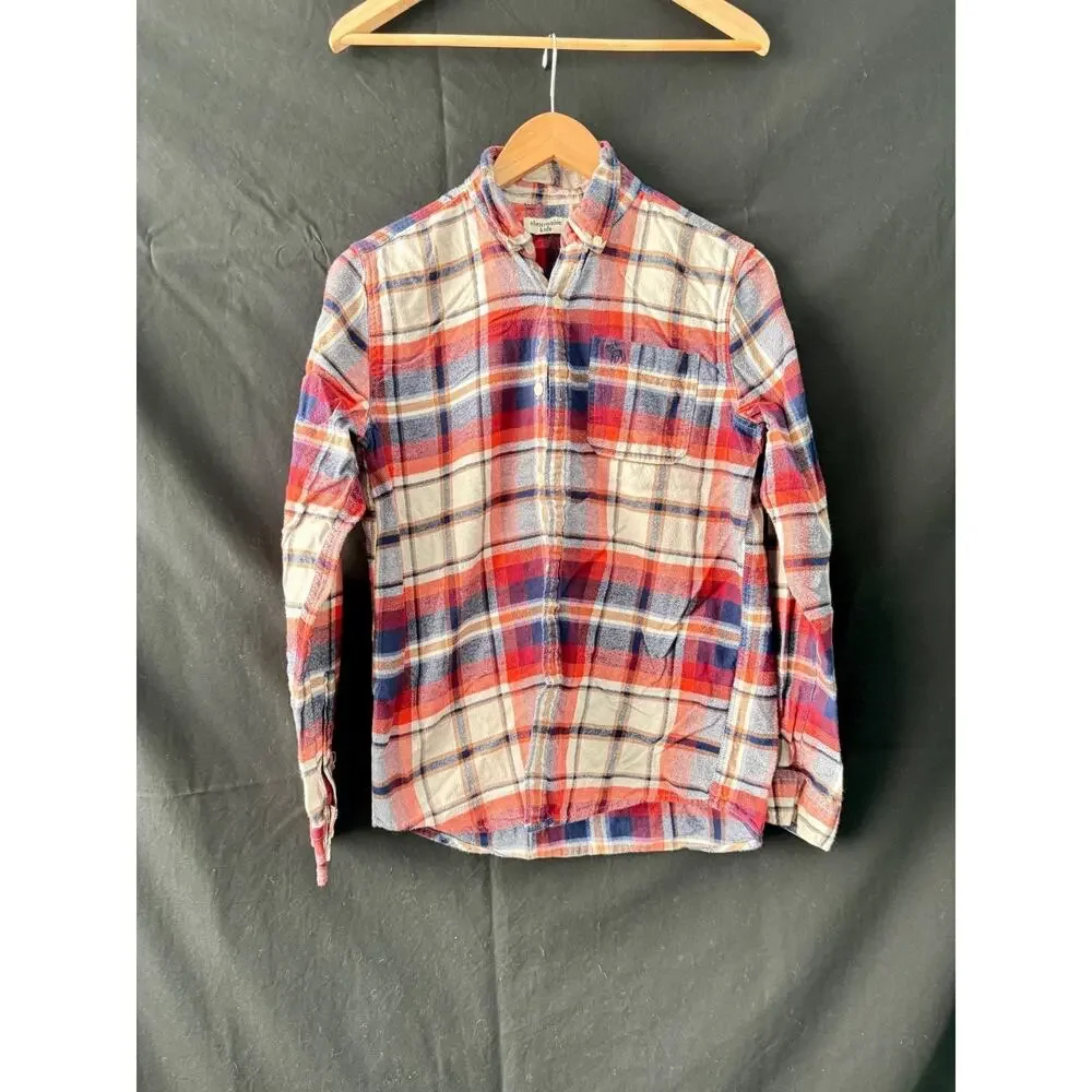 Abercrombie Kids Boys Flannel Plaid Shirt Size 15/16 Red Blue Button Up L/S Soft